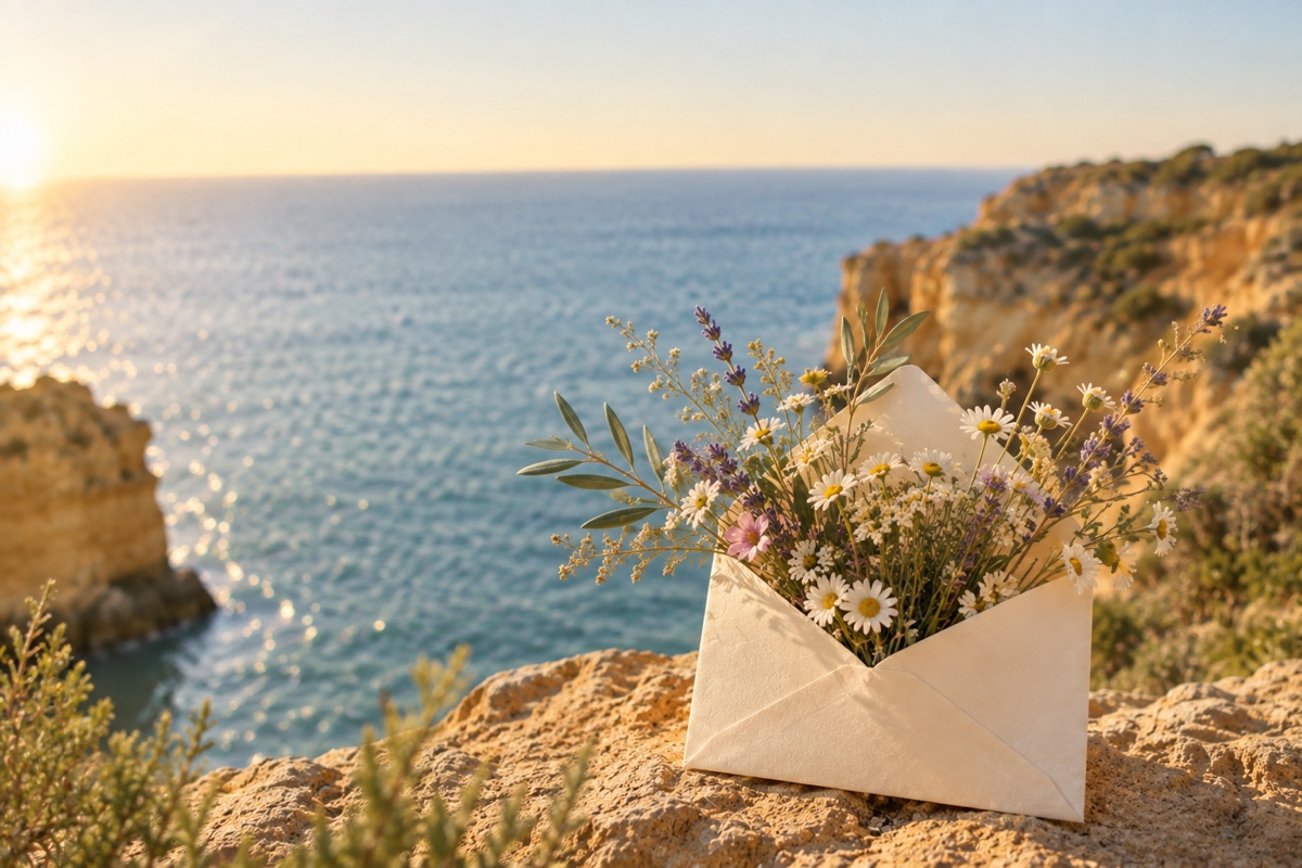 A flower-filled envelope resting on a sunlit Algarve cliff